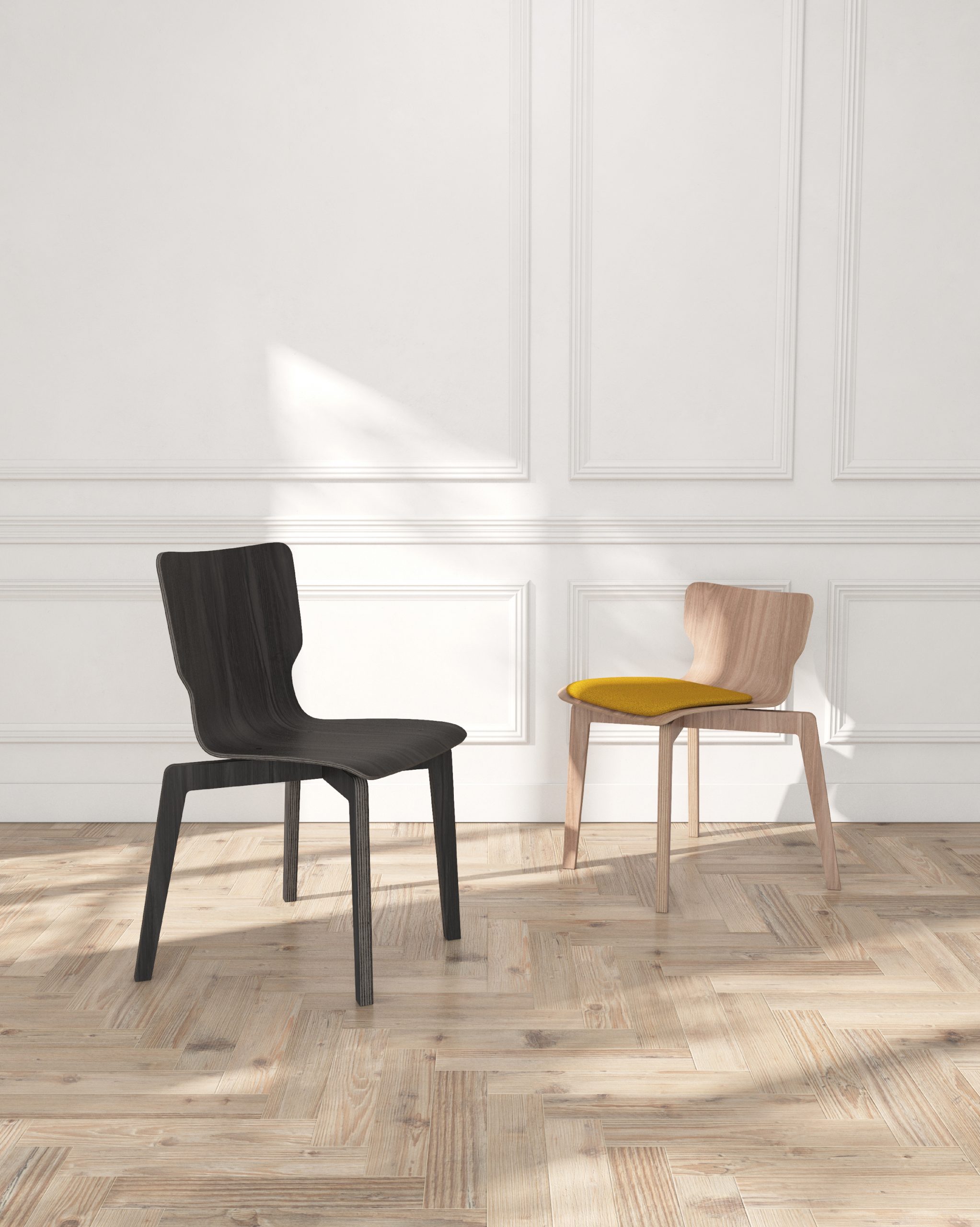 Chaises face à face en bois français en coque bois moulé mobilier éco conception