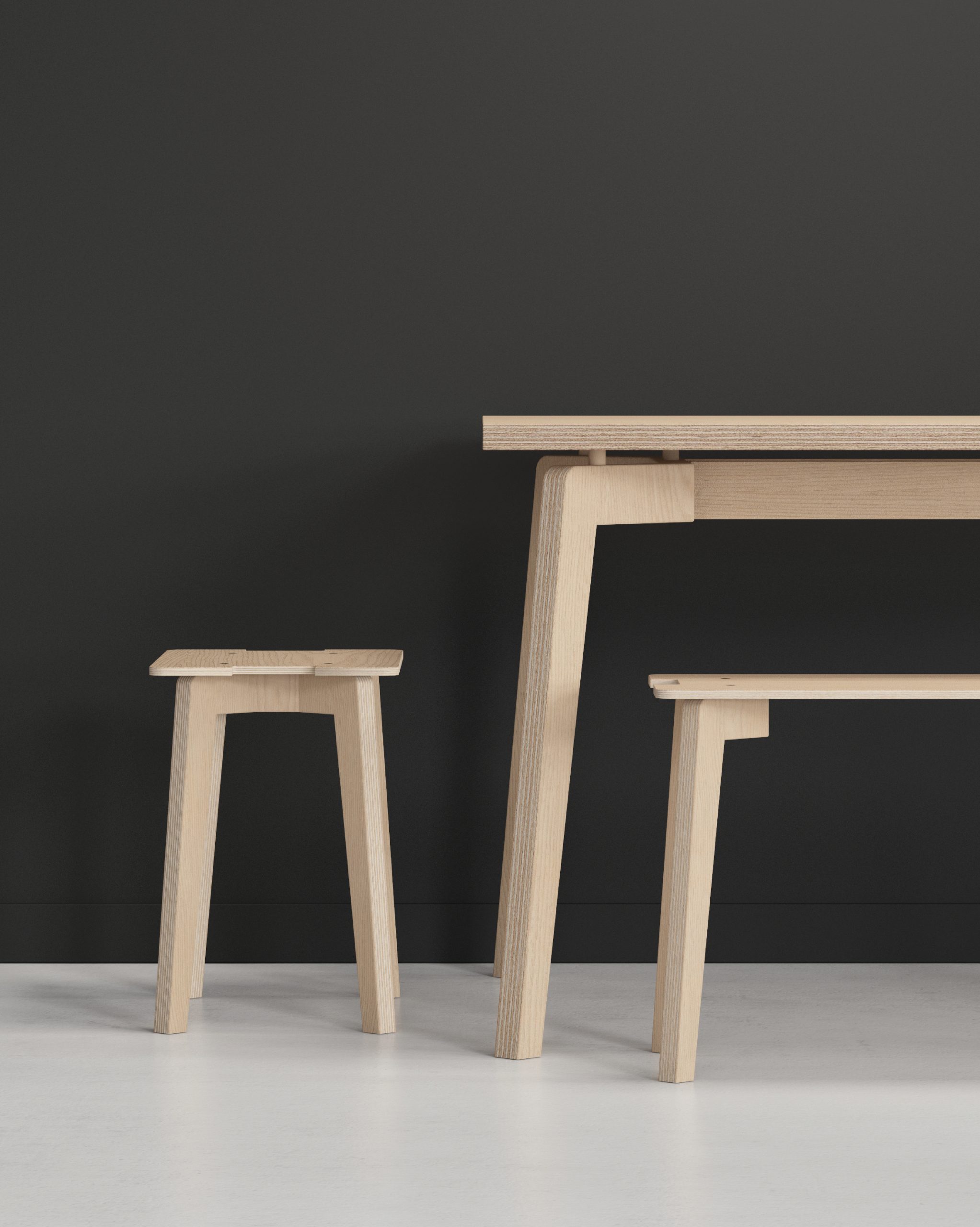 ensemble tabouret, banc, table en bois éco conception